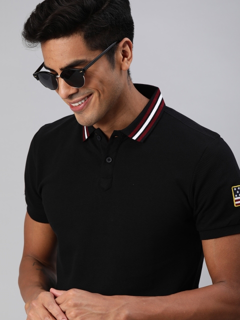 

HERE&NOW Men Black Solid Regular Fit Polo Collar T-shirt