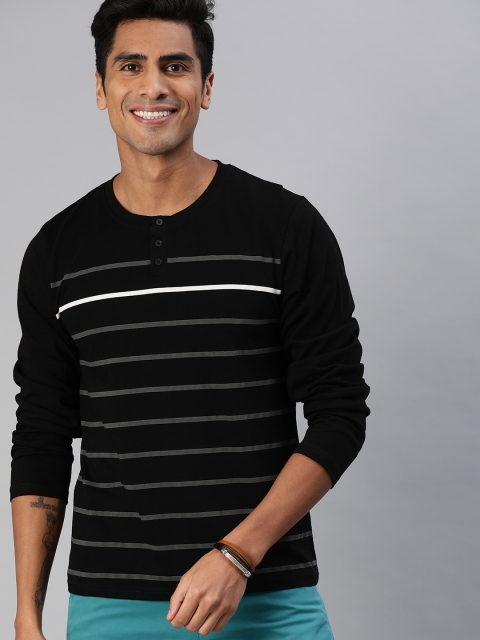 

HERE&NOW Men Black & Grey Striped Henley Neck T-shirt