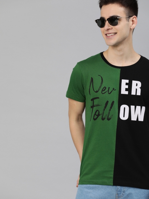 

HERE&NOW Men Green Colourblocked Round Neck T-shirt