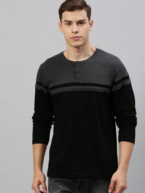 

HERE&NOW Men Black & Charcoal Grey Colourblocked Henley Neck T-shirt