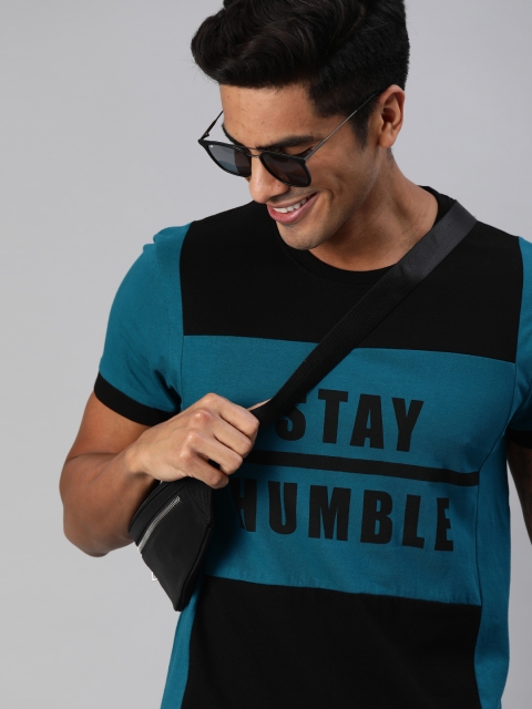 

HERE&NOW Men Teal Blue & Black Printed Round Neck T-shirt