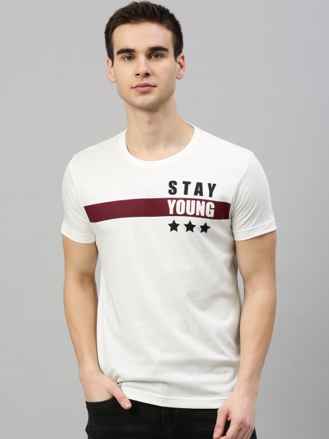 

HERE&NOW Men White Solid Round Neck T-shirt With Printed Detailing