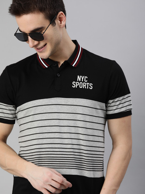 

HERE&NOW Men Black & Grey Striped Polo Collar T-shirt
