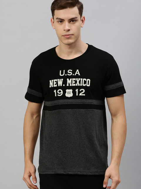 

HERE&NOW Men Black & Charcoal Grey Colourblocked Round Neck T-shirt