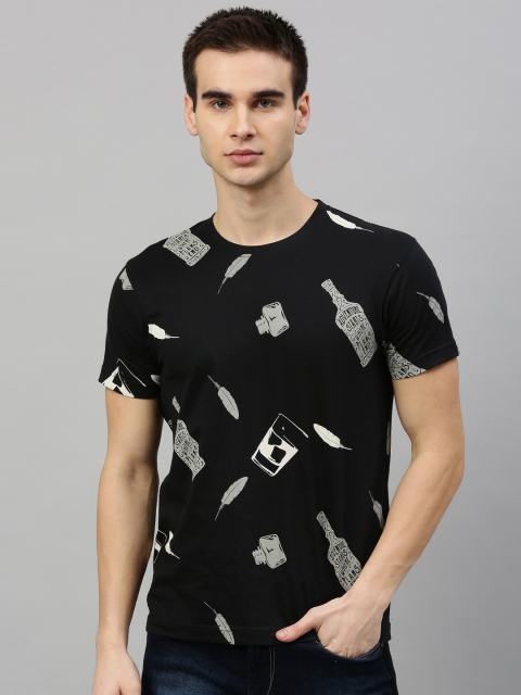 

HERE&NOW Men Black & Beige Printed Round Neck T-shirt