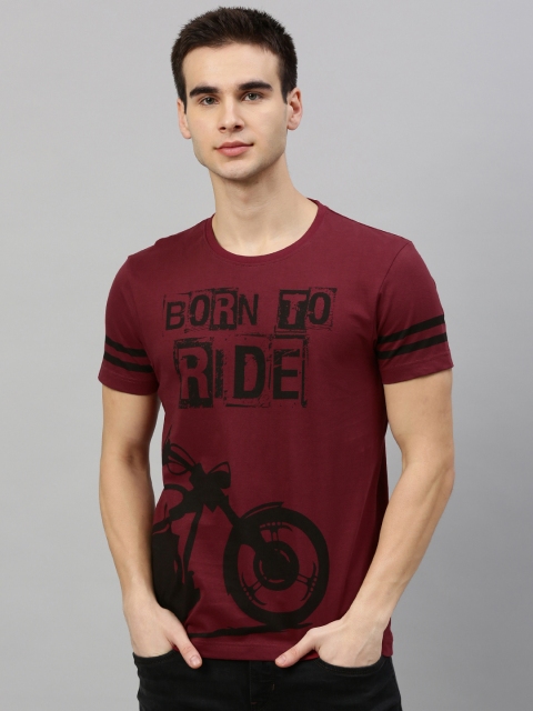 

HERENOW Men Maroon Black Printed Round Neck Pure Cotton T-shirt