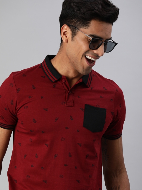 

HERE&NOW Men Maroon Conversational Printed Polo Collar T-shirt & Contrast Pocket