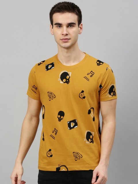 

HERE&NOW Men Mustard Yellow & Black Printed Round Neck T-shirt