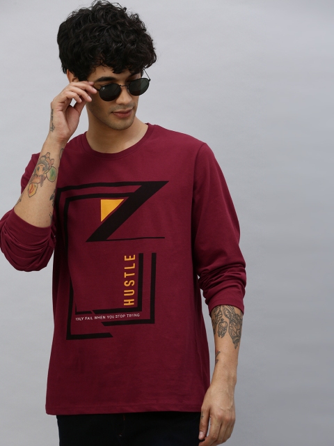 

HERENOW Men Maroon Printed Round Neck Pure Cotton T-shirt