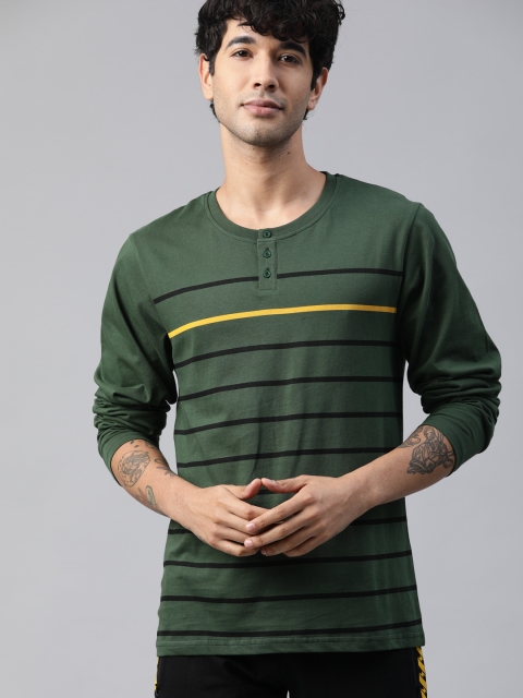 

HERE&NOW Men Green & Black Striped Henley Neck T-shirt