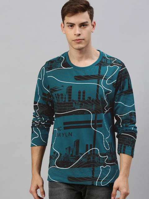 

HERE&NOW Men Teal Blue & Black Printed Round Neck T-shirt