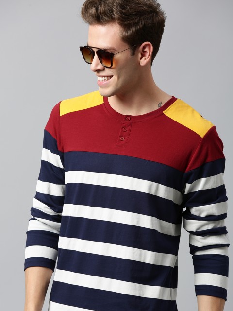 

HERE&NOW Men Navy Blue Striped Henley Neck T-shirt