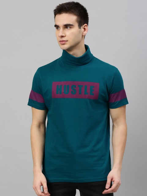 

HERE&NOW Men Teal Blue Printed Turtle Neck T-shirt