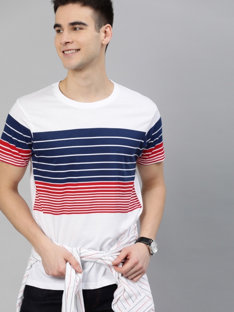 

HERE&NOW Men White & Navy Blue Striped Round Neck T-shirt