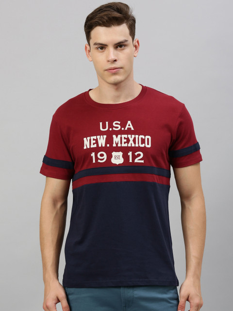 

HERE&NOW Men Maroon & Navy Blue Colourblocked Round Neck T-shirt With Print Detail