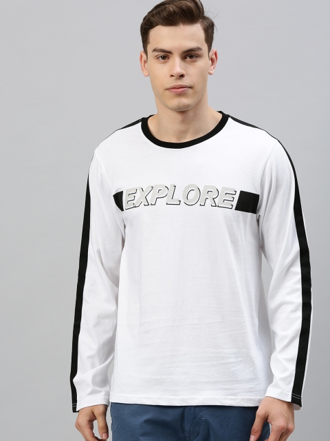 

HERE&NOW Men White Printed Round Neck T-shirt With Striped Sleeve Detailing