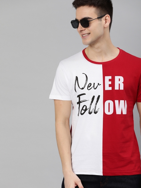 

HERENOW Men White Red Colourblocked Round Neck Pure Cotton T-shirt