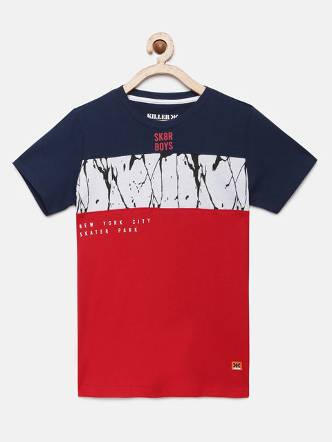 

Killer Boys Red And Navy Blue Colourblocked Round Neck T-shirt
