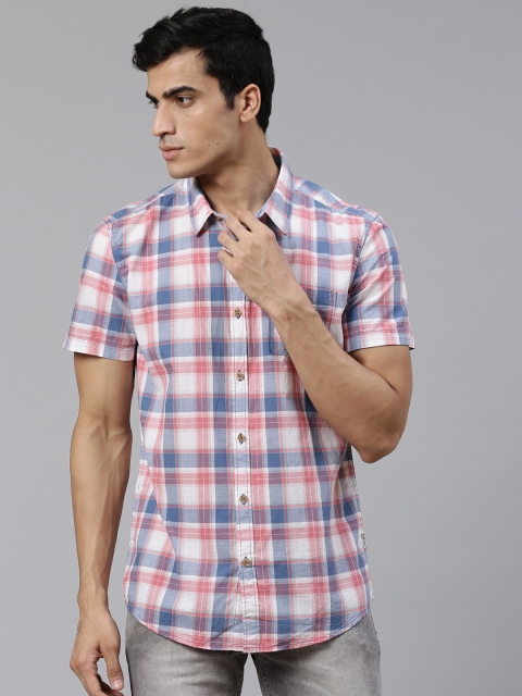 

BEAT LONDON by PEPE JEANS Men White & Blue Slim Fit Checked Casual Shirt