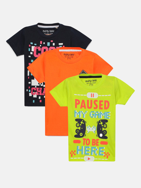 

Miss Chief Boys Pack of 3 Multicoloured Printed Round Neck Pure Cotton T-shirts, Black