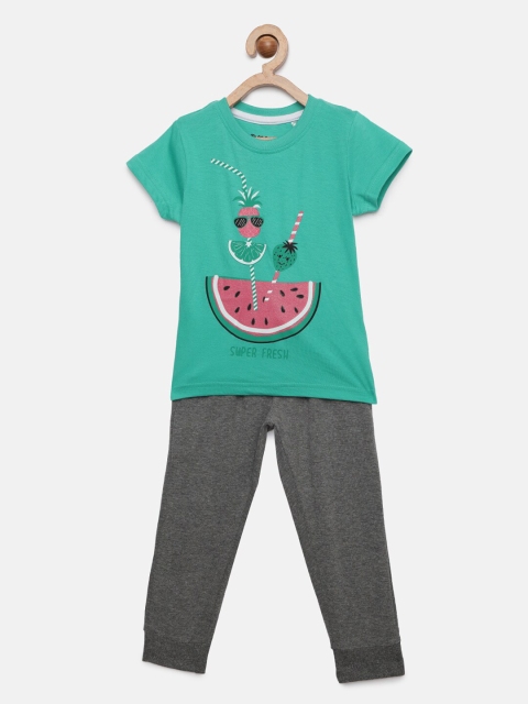 

Miss & Chief Girls Green & Charcoal Grey Printed T-shirt with Pyjamas
