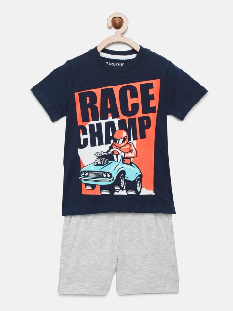 

Miss & Chief Boys Navy Blue & Grey Melange Printed T-shirt with Shorts
