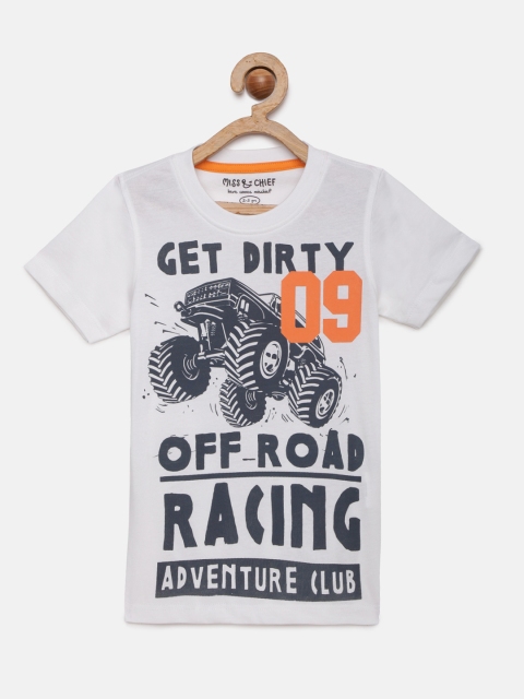 

Miss Chief Boys White Printed Round Neck Pure Cotton T-shirt