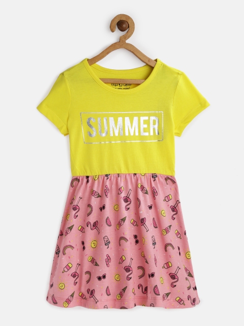 

Miss & Chief Girls Yellow & Pink Printed Fit and Flare Dress