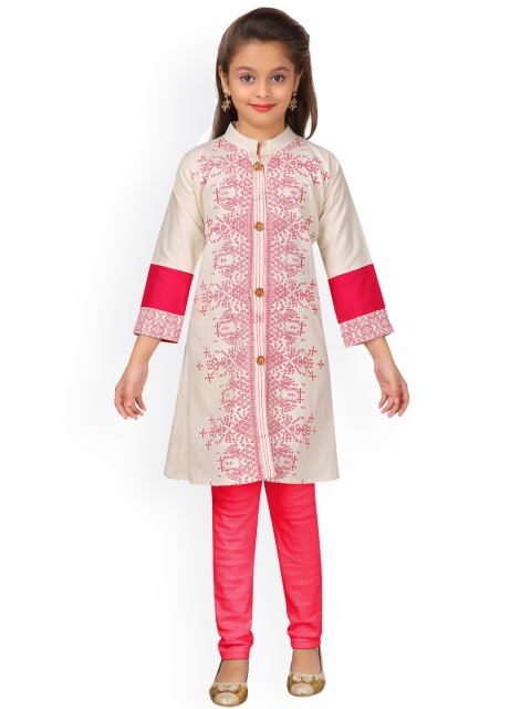 

Aarika Girls Cream-Coloured & Pink Printed Kurta with Churidar