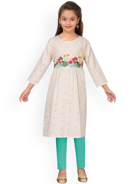 

Aarika Girls Cream-Coloured & Turquoise Blue Embroidered Kurta with Churidar