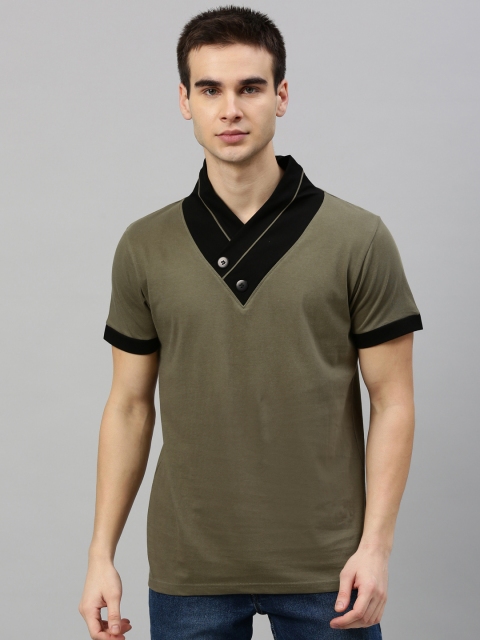 

HERE&NOW Men Olive Green Solid V-Neck T-shirt