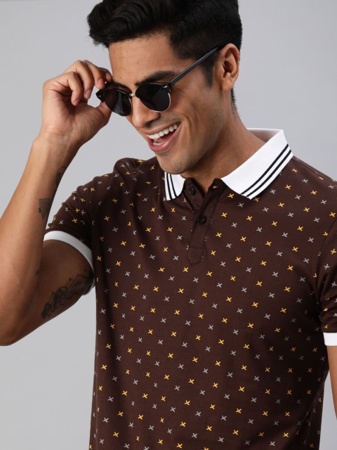 

HERE&NOW Men Coffee Brown & Yellow Printed Polo Collar T-shirt