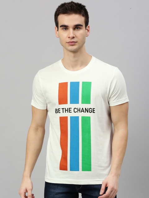 

HERE&NOW Men White & Green Striped Round Neck T-shirt