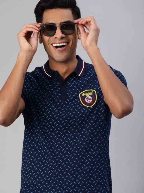 

HERE&NOW Men Navy Blue Printed Regular Fit Polo Collar T-shirt