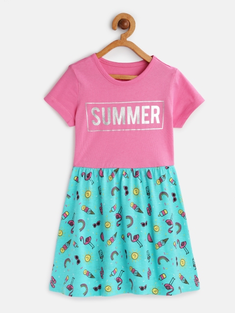 

Miss & Chief Girls Pink & Blue Printed Fit and Flare Dress