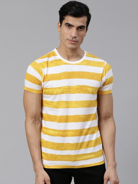 

BEAT LONDON by PEPE JEANS Men Yellow & White Slim Fit Striped Round Neck T-shirt