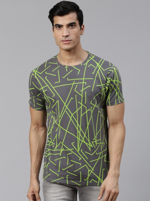 

BEAT LONDON by PEPE JEANS Men Charcoal Grey & Fluorescent Green Slim Fit Printed T-shirt