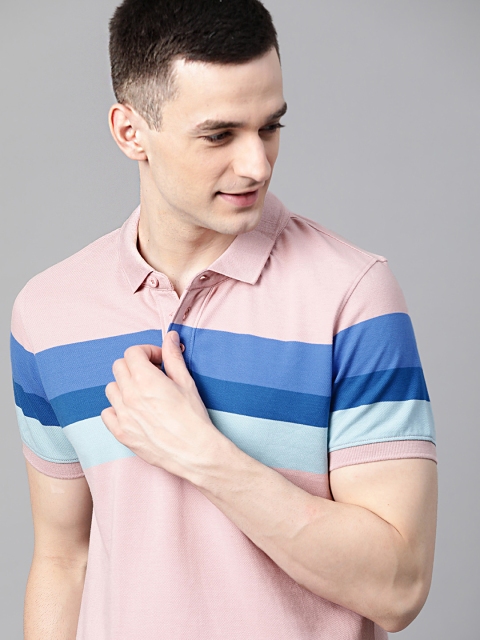 

Mast & Harbour Men Dusty Pink & Blue Striped Polo Collar T-shirt