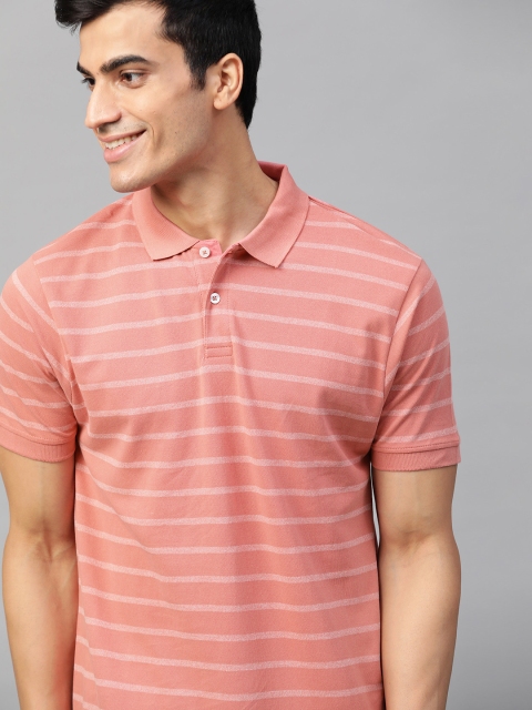 

Mast & Harbour Men Dusty Pink & Off-White Striped Polo Collar T-shirt