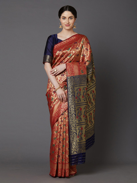 

Mitera Red & Golden Silk Blend Woven Design Saree