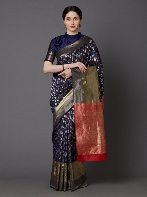 

Mitera Navy Blue & Golden Silk Blend Woven Design Banarasi Saree