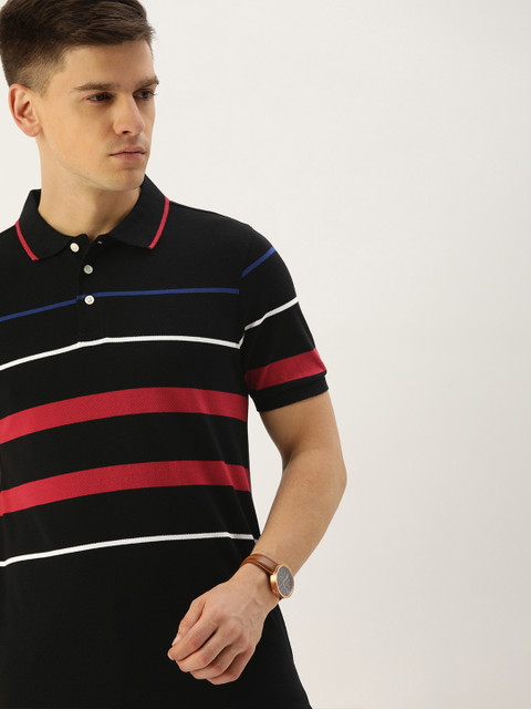 

INVICTUS Men Black & Red Slim Fit Striped Polo Collar T-shirt
