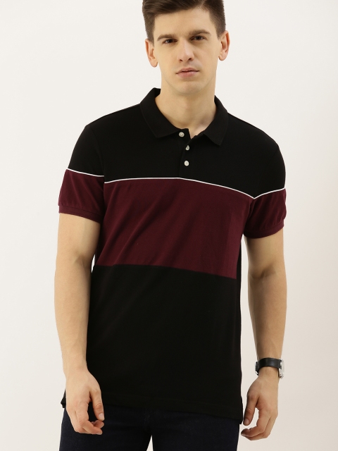 

INVICTUS Men Black & Burgundy Colourblocked Polo Collar T-shirt