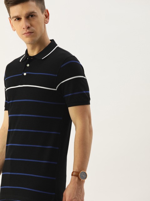 

INVICTUS Men Black & Blue Slim Fit Striped Polo Collar T-shirt