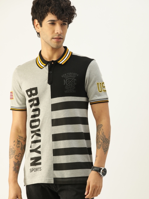 

Moda Rapido Men Grey & Black Striped Polo Collar T-shirt with Print Detail