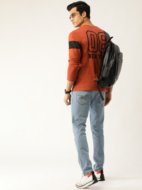 

Moda Rapido Men Rust Orange & Black Printed Back Henley Neck T-shirt