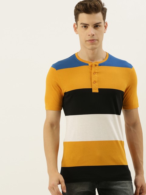 

Moda Rapido Men Mustard Yellow & Black Striped Henley Neck T-shirt
