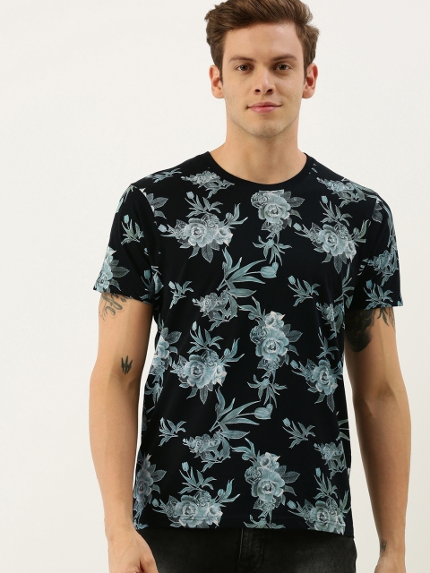 

Moda Rapido Men Black Blue Floral Printed Round Neck Pure Cotton T-shirt