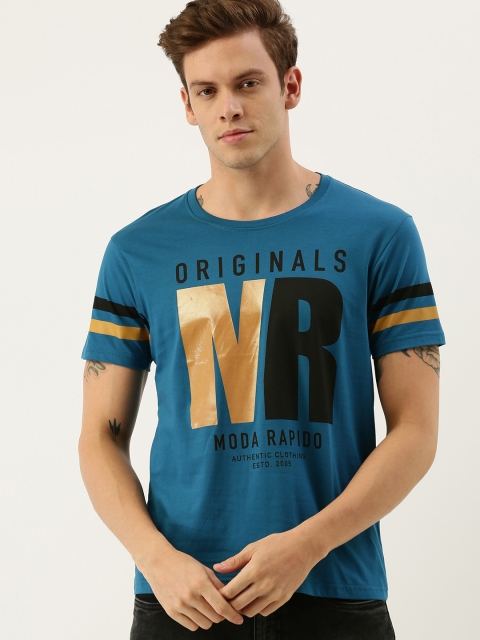 

Moda Rapido Men Teal Blue & Black Printed Round Neck T-shirt