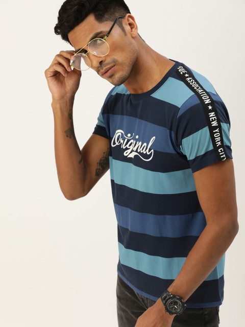 

Moda Rapido Men Blue Striped Round Neck Pure Cotton T-shirt With Applique Printed Detailing